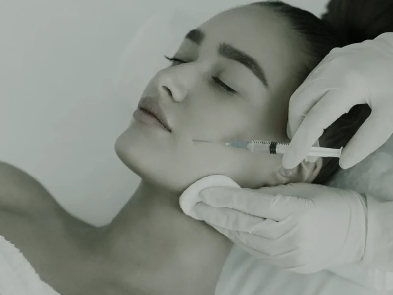 Close up of a woman's cheek and jawline in soft light after a bio filler treatment