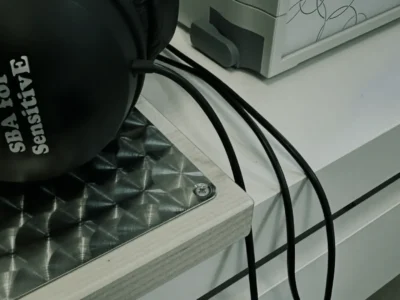 Bioresonance headset and sensor cables on a desk in the clinic consultation room