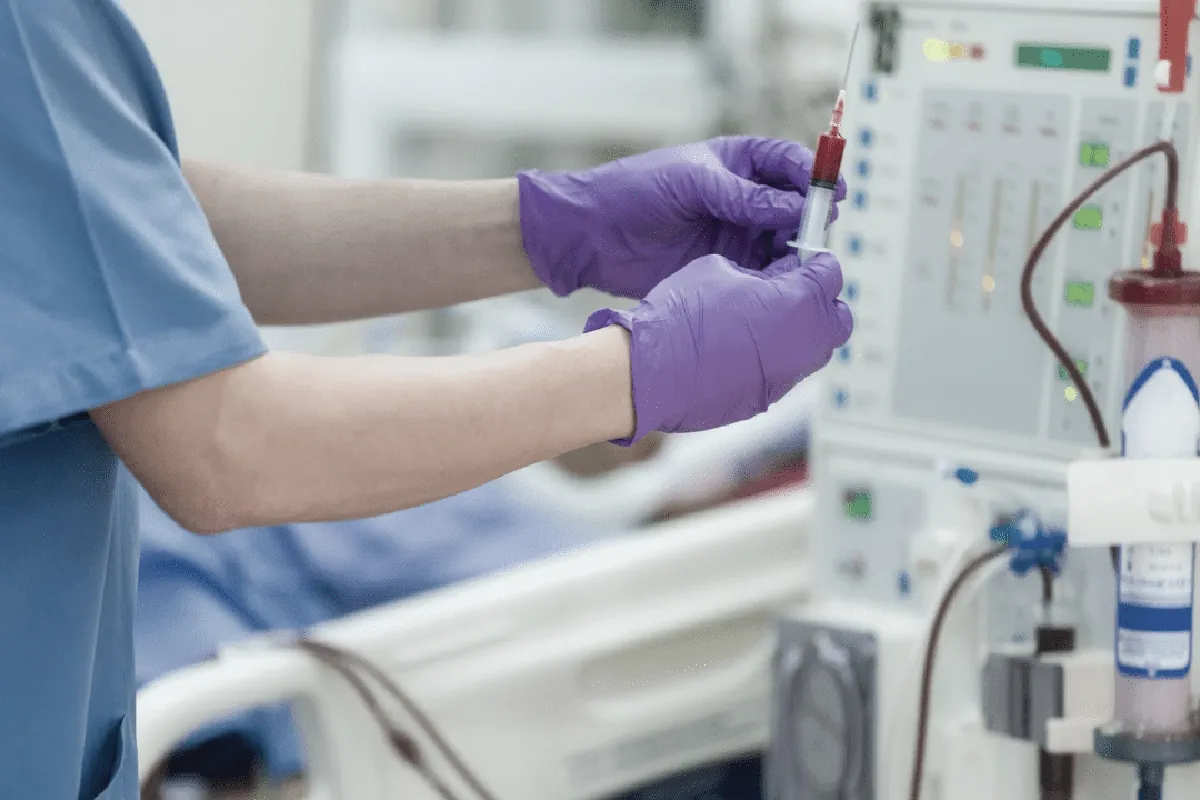 Close up of the EBO2 filtration unit and blood lines during a session