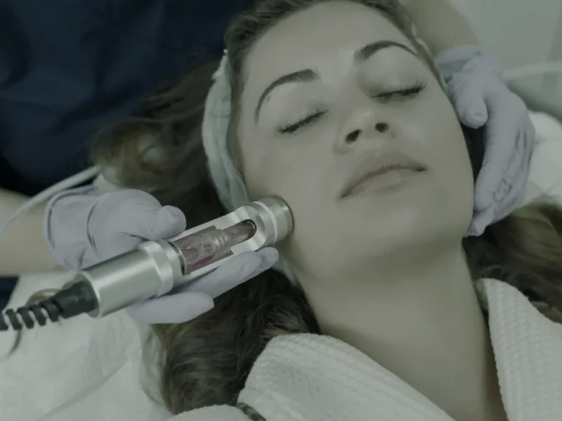 Client receiving a facial exosome treatment with a cooling device