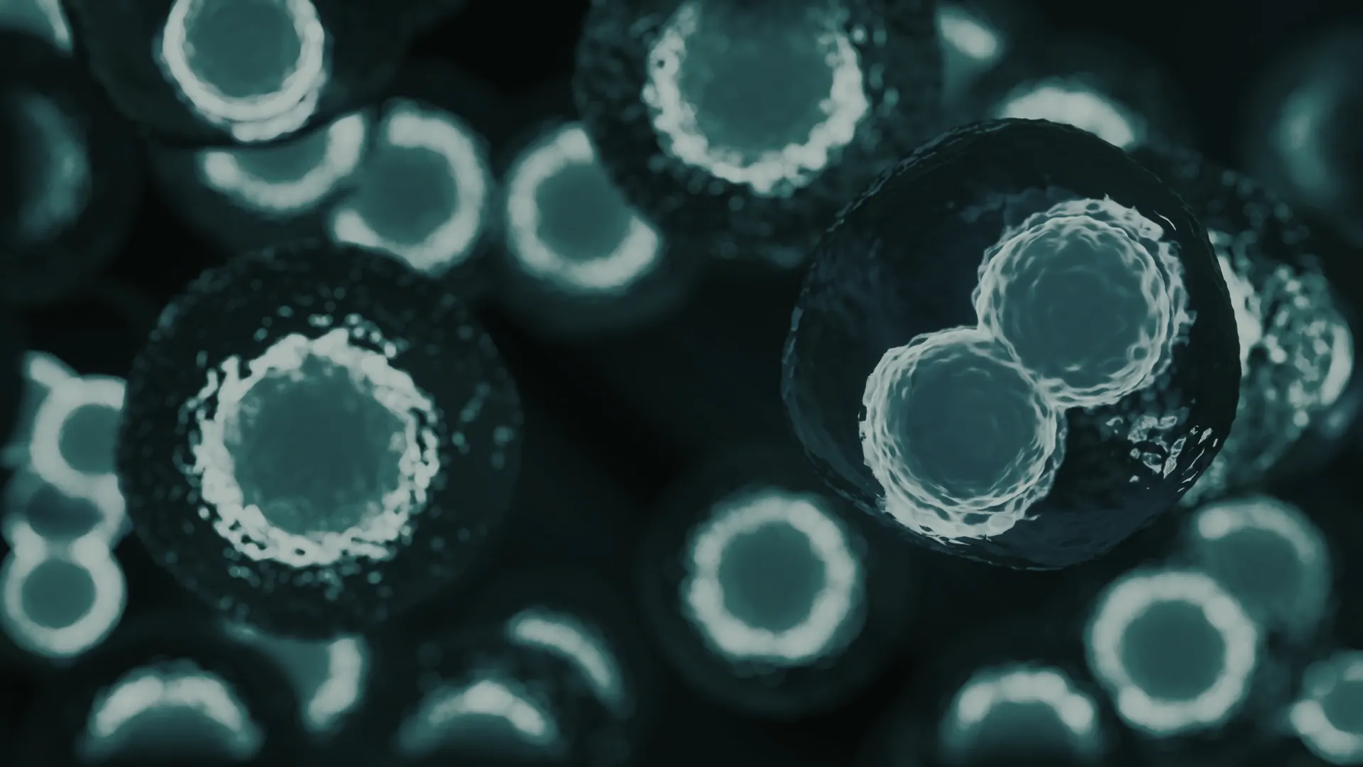 Stem cells under a microscope, glowing in cool blue green light
