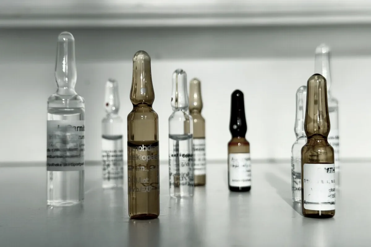 Row of glass ampoules used to prepare an infusion