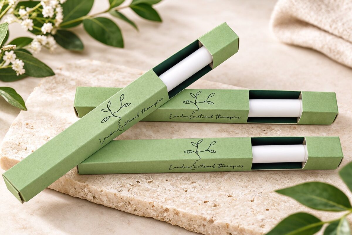 Three peptide pens in green London Natural Therapies boxes on a stone slab