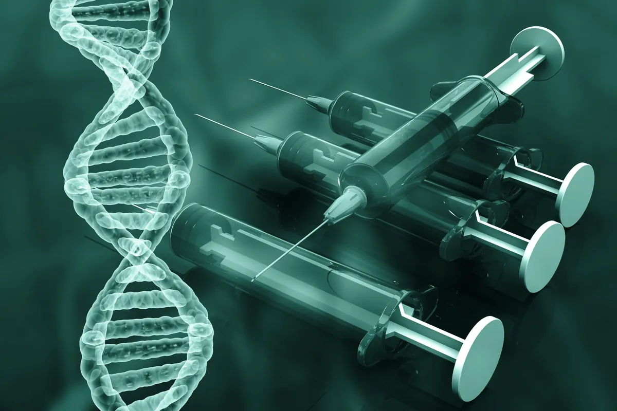 Illustration of a DNA strand beside medical syringes