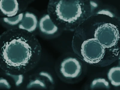 Microscopic view of stem cells glowing in blue against a dark background