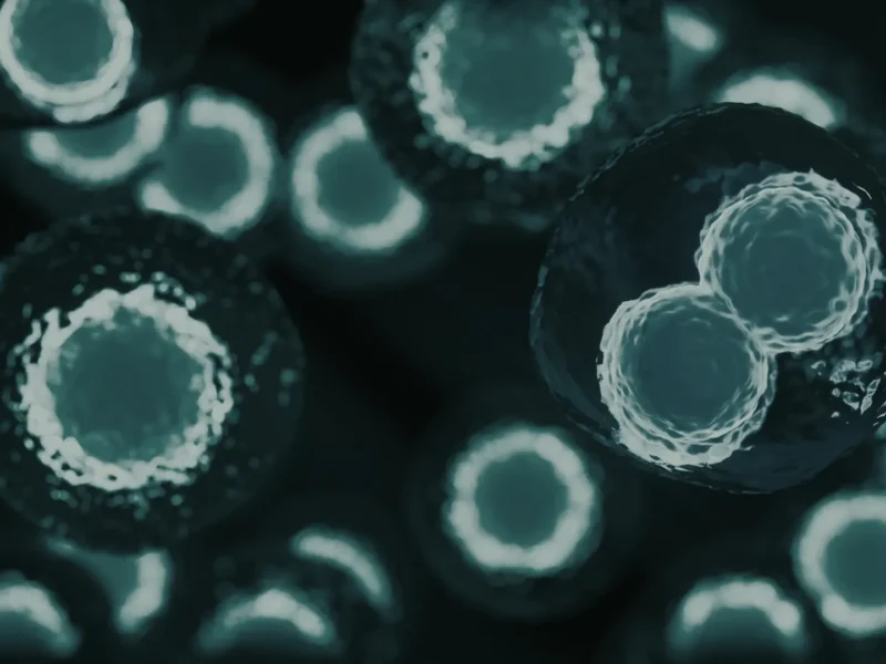 Microscopic view of stem cells glowing in blue against a dark background